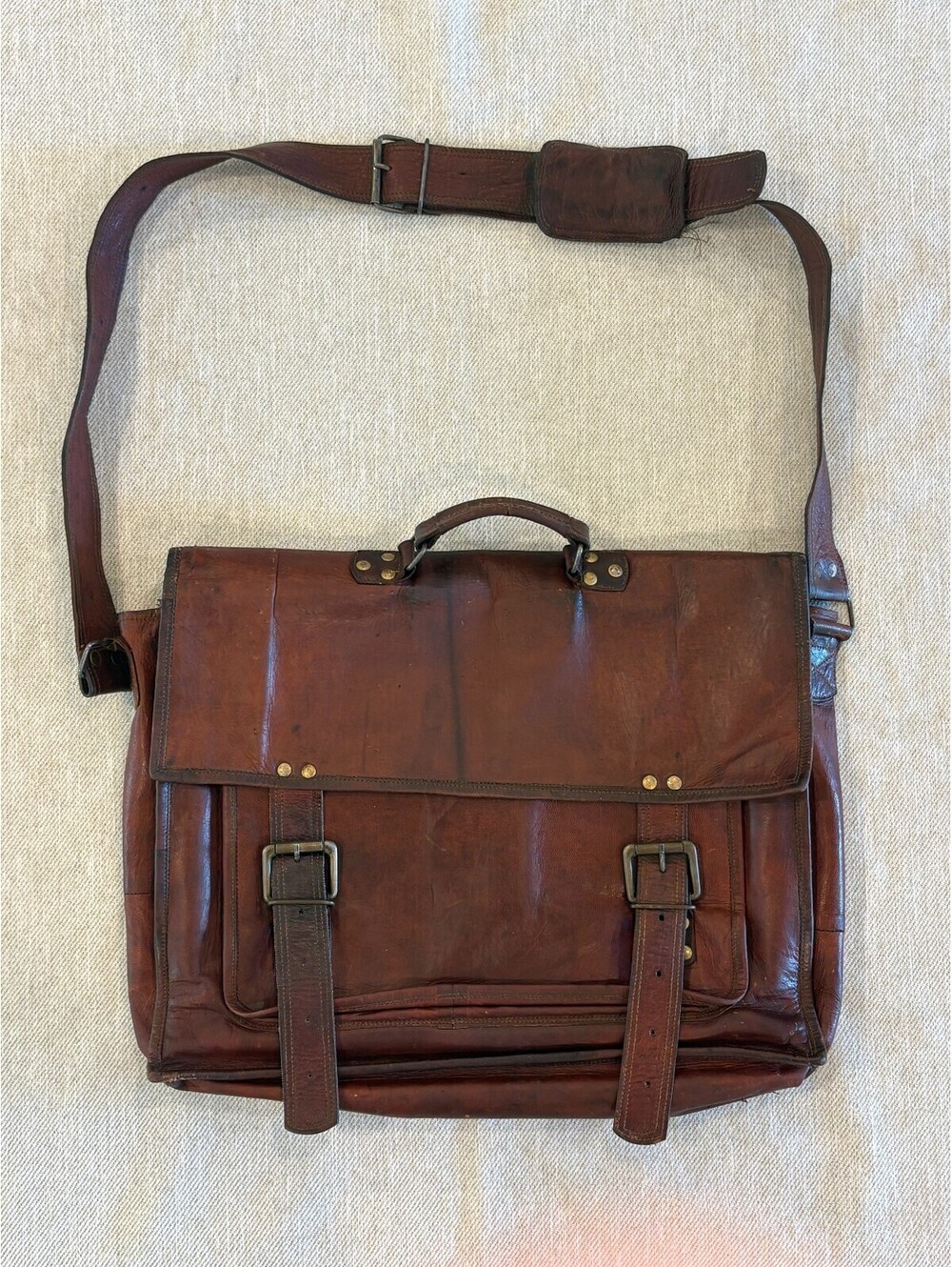 Vintage Distressed Brown Leather Messenger Bag Laptop Satchel Green Canvas Lined